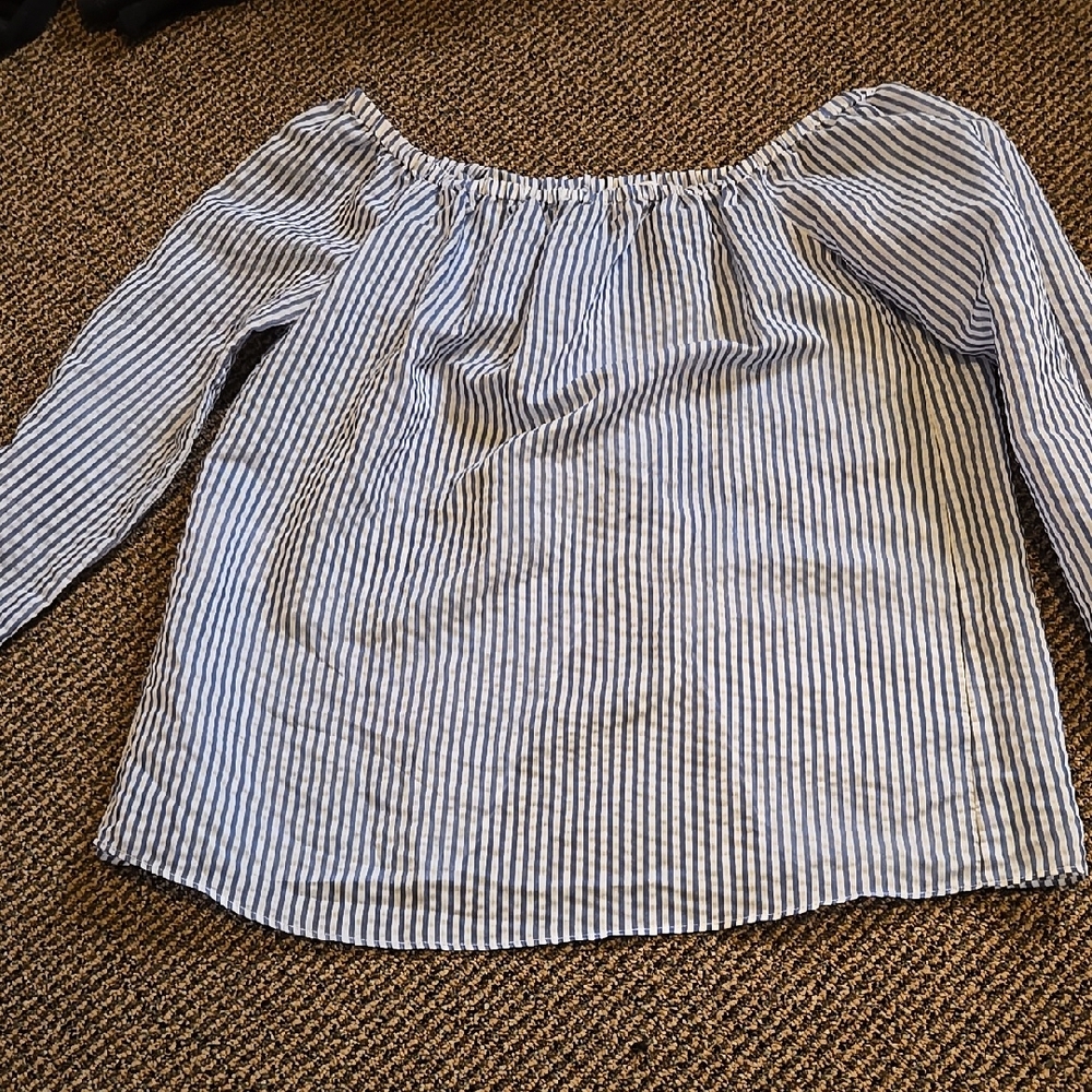 BCBGeneration blue striped Off-Shoulder Blouse with cutout in back